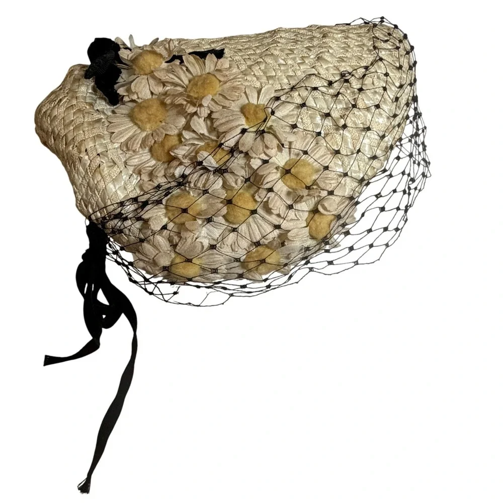 Vintage 1950s Straw Halo Hat Birdcage Veil Floral Trim MCM Cocktail Ransohoffs